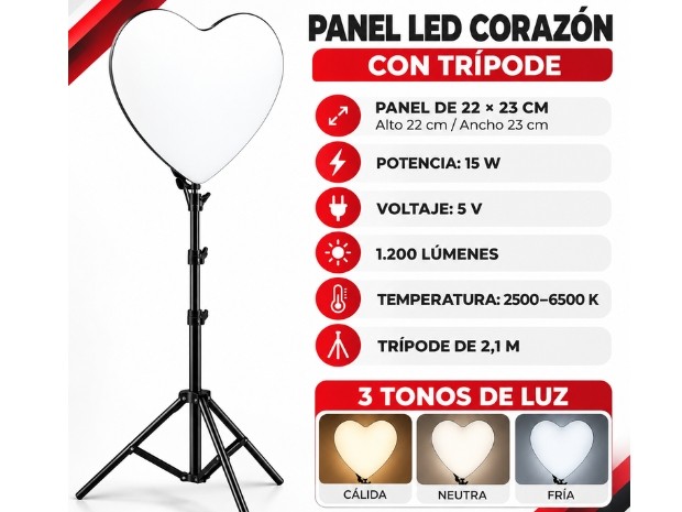 &ua PANEL LED ARO CORAZON SELFIE CELULAR + TRIPODE